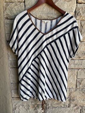 Parallel Skies Navy & Cream Striped V-Neck Pullover Top w/ Suede Inspired Accent